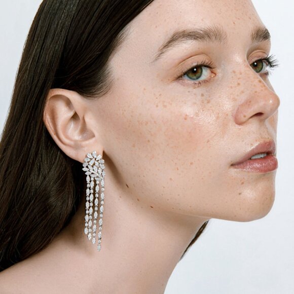 NEW~ Anthropologie SHASHI "Fleurir Drop" Pavé Crystal Fringe & Flower Earrings - Picture 6 of 15